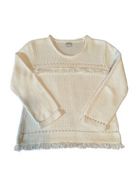 J.Crew Sweater Womens M Ivory Waffle Knit Fringe Hem Cotton Boho Textured